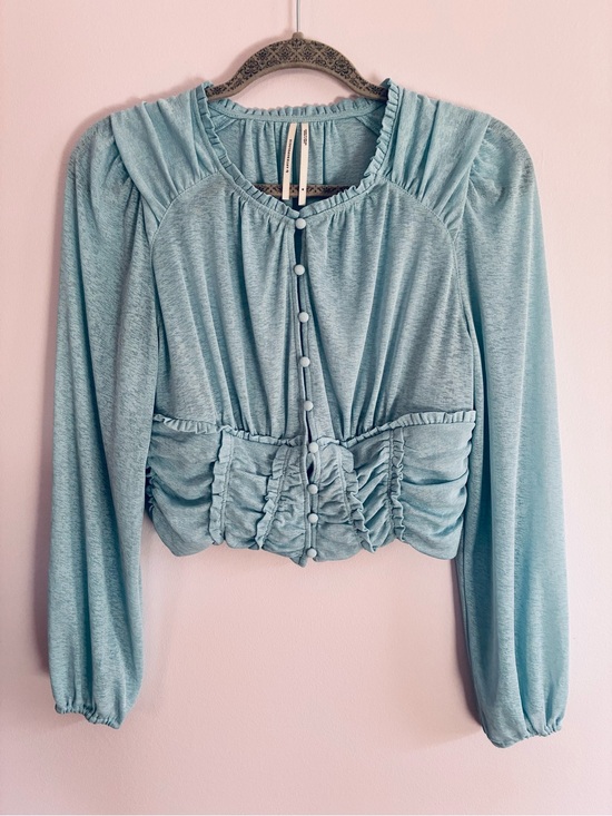 Anthropologie Tops - Anthropology Light Blue Ruched Button-Front Crop Top